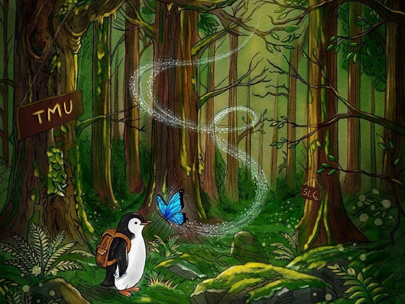 In a lush forest illuminated by sunlight, a penguin with a backpack watches a glowing blue butterfly leave a sparkling trail. Signs read "TMU" and "SLC."