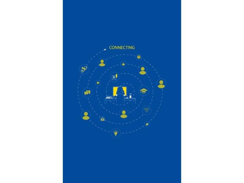 A blue background with swirling yellow icons with the word "Connecting"