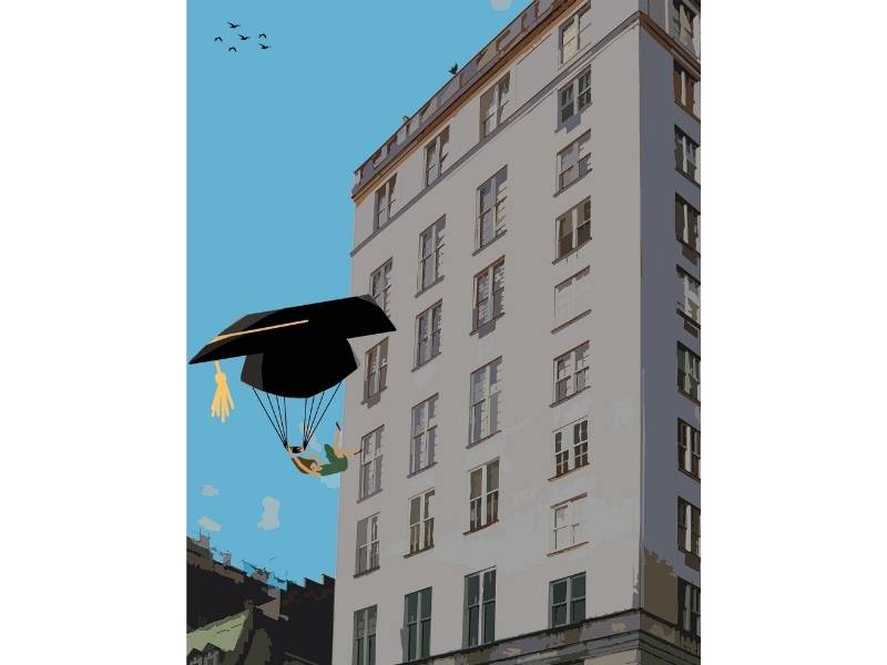 A graphic of a building and student gliding down with a parachute in the shape of a graduation cap.