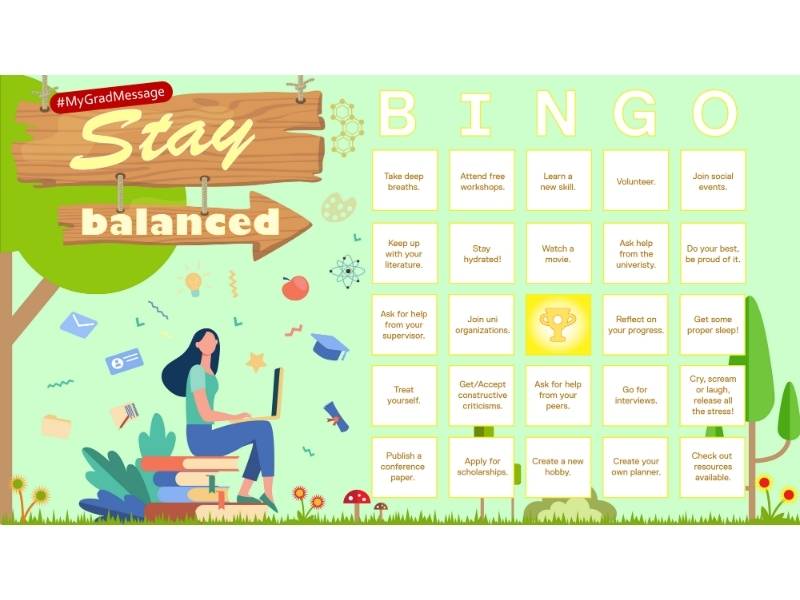 A "Stay Balanced" bingo game with a green background.