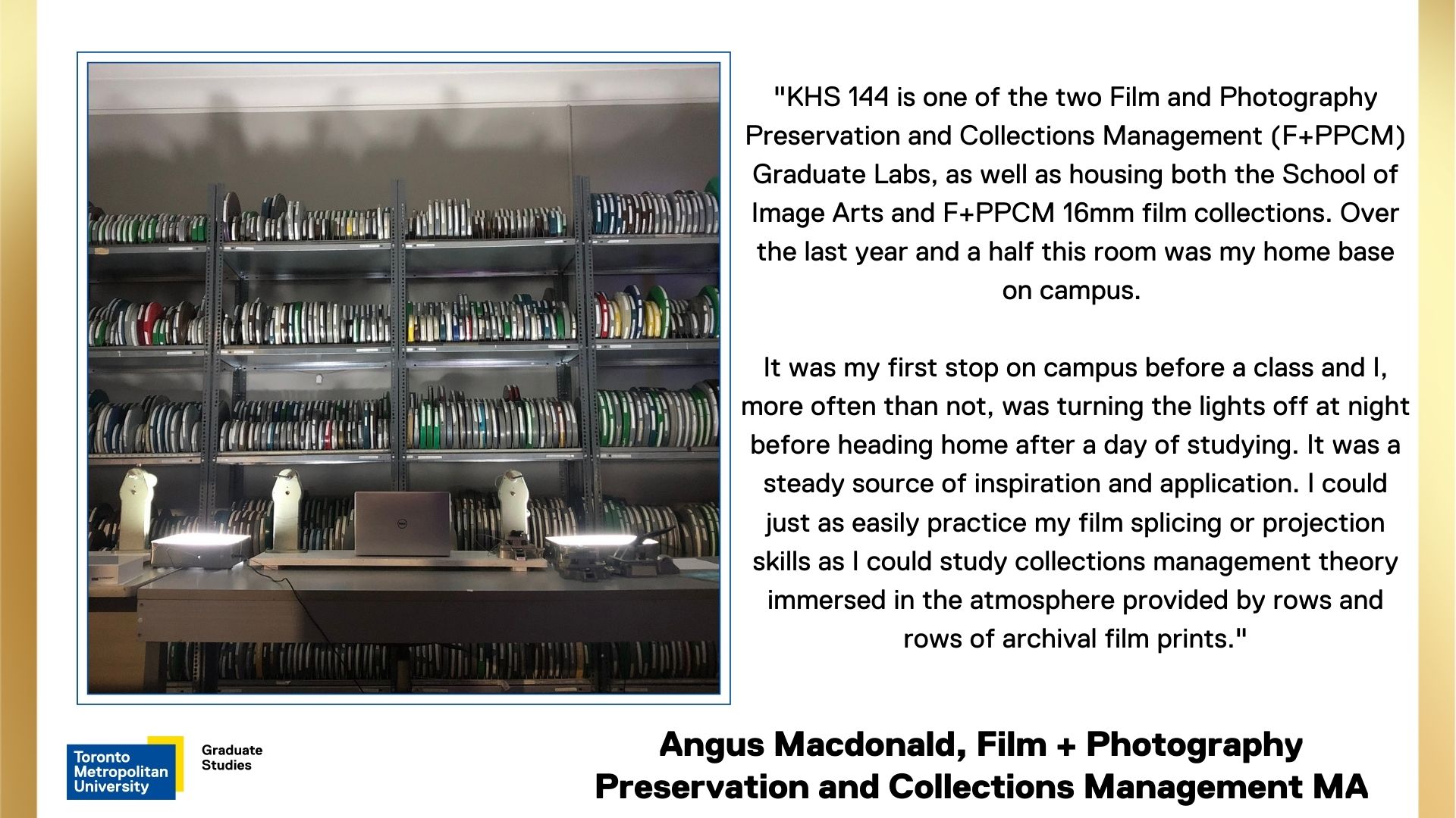 Angus-Macdonald. KHS 144 Graduate Photography Lab. Film reels on shelves.