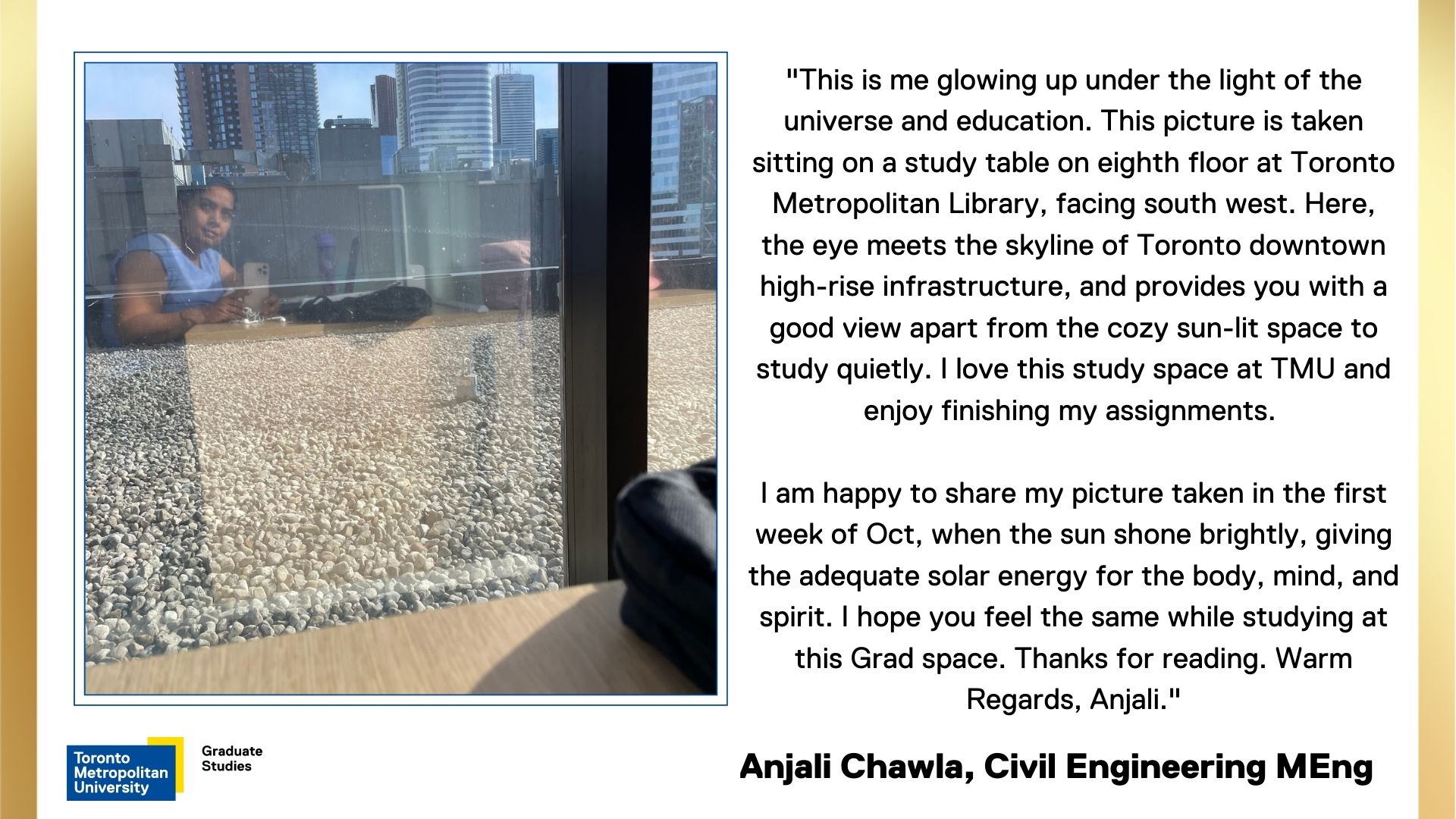 Anjali-Chawla. Anjali Chawla's reflection from window on eighth floor of library building..