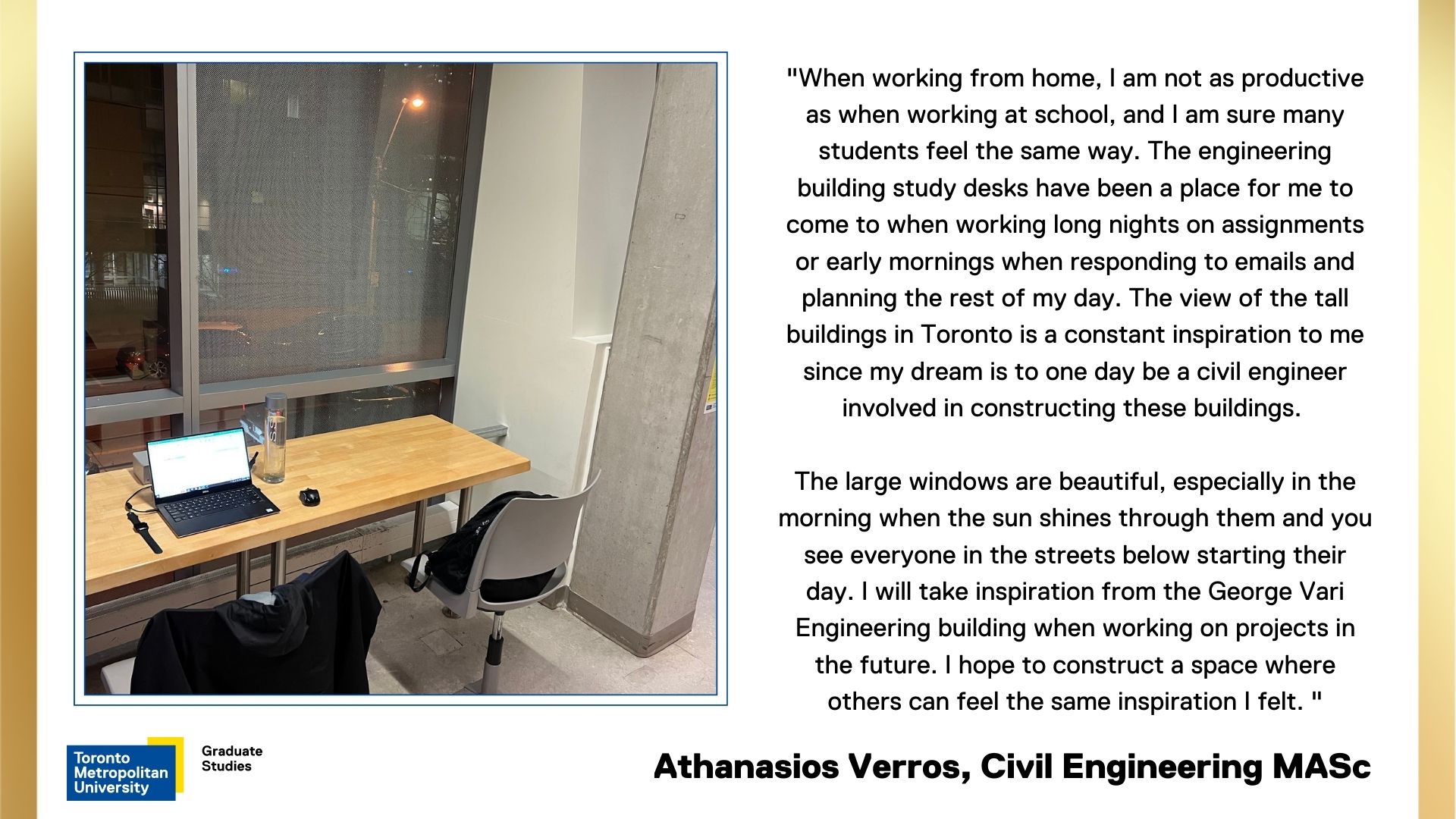 Athanasios-Verros. Laptop set up on table in engineering building at night.
