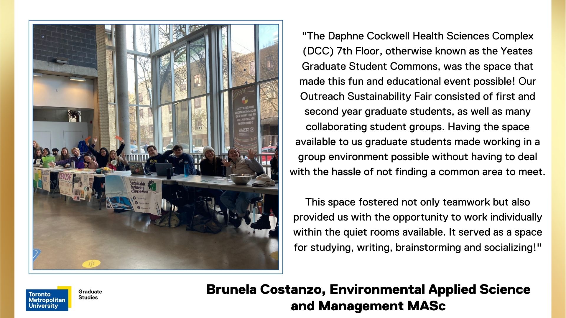Brunela-Costanzo. Students sitting at lined up tables in SCC during TMU Outreach Sustainability Fair.