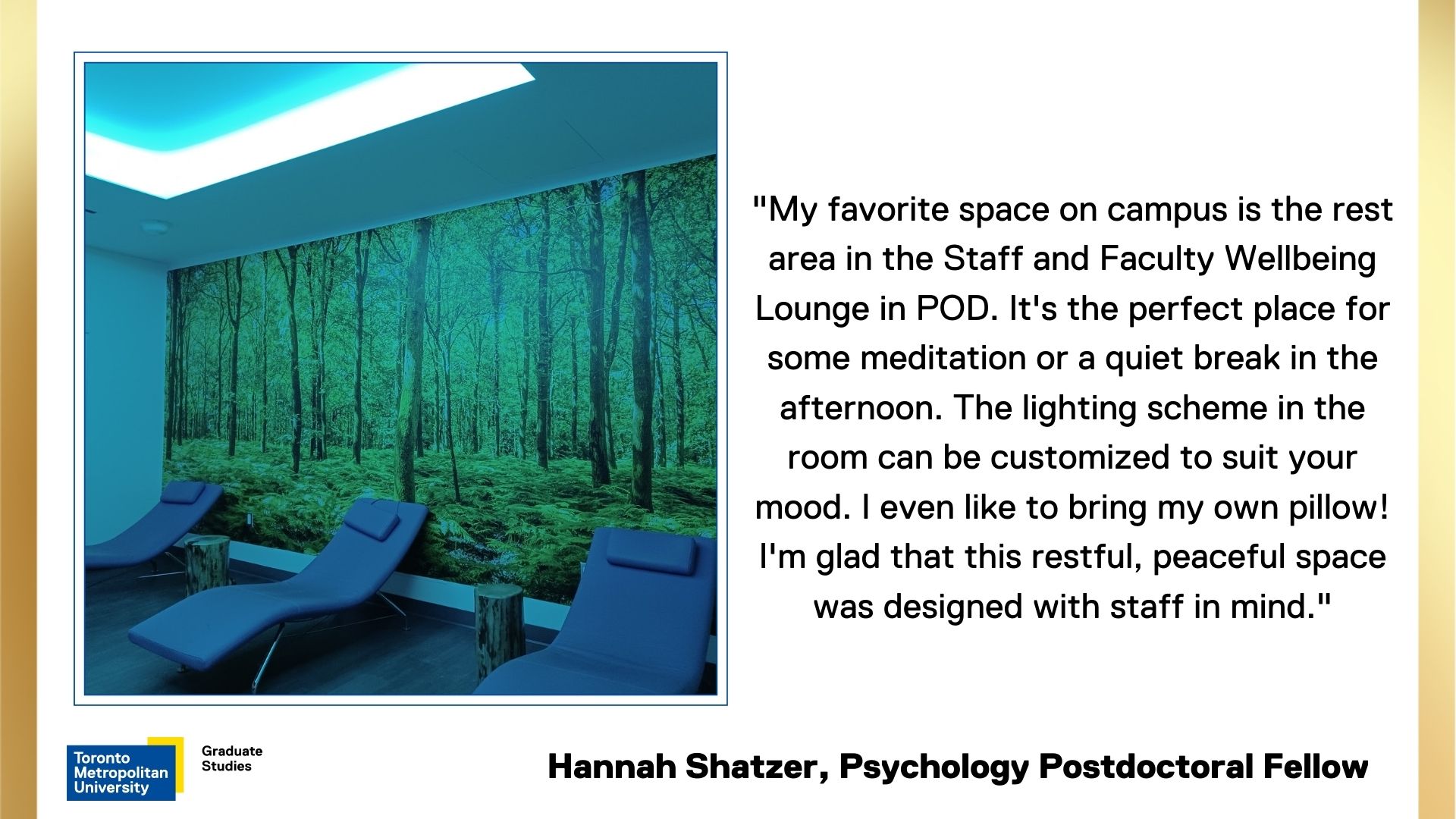 Hannah-Shatzer. Three blue lounge chairs in a row in blue-lit room with forest wallpaper accent wall.