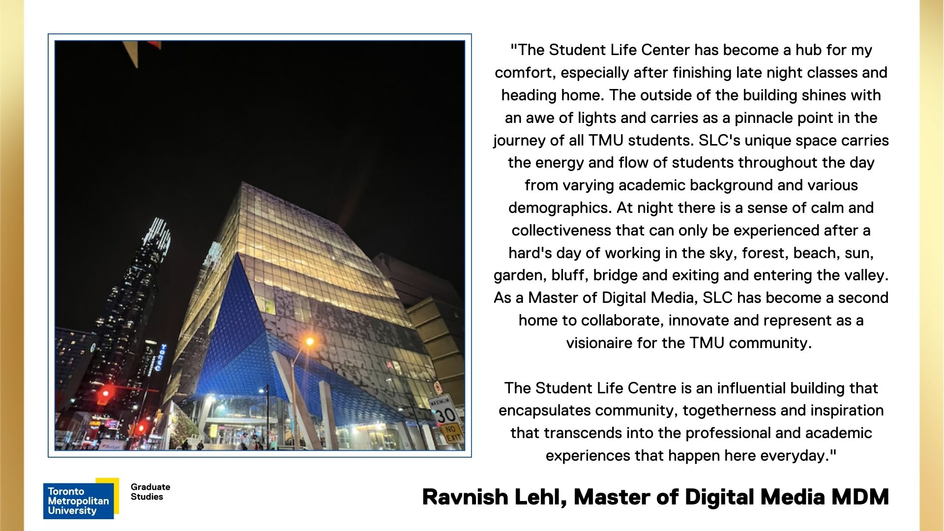 Ravnish-Lehl. SLC building exterior at night.