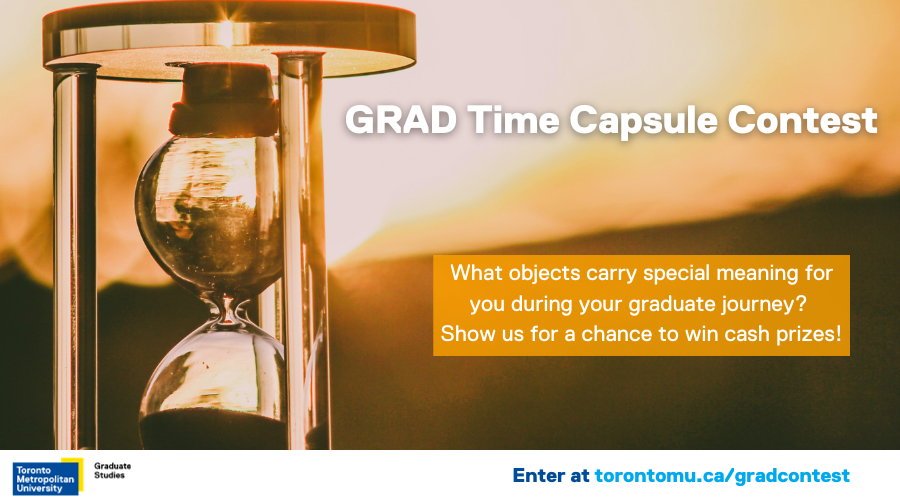 GRAD Time Capsule Contest banner with clear hourglass at sunset