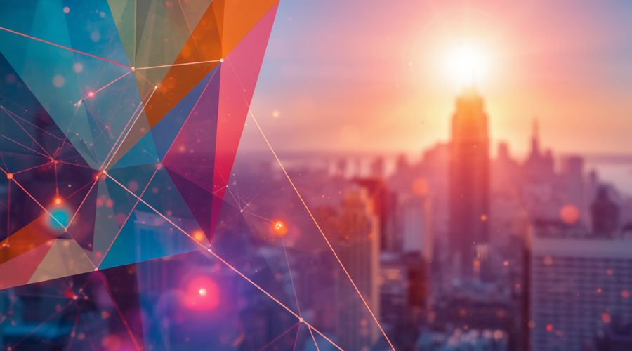 Abstract geometric shapes with vibrant colours overlay a blurred cityscape at sunset, creating a futuristic and dynamic visual effect