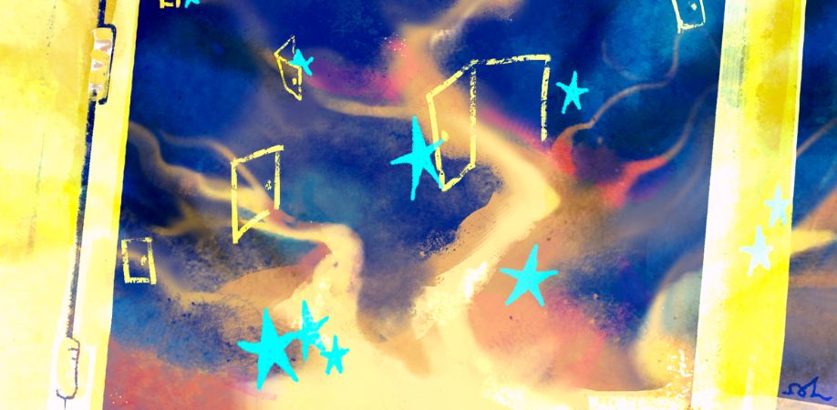 A dreamy, abstract scene shows a window opening to a night sky with flowing colors and sketches of stars. Yellow and blue tones create a whimsical, serene mood