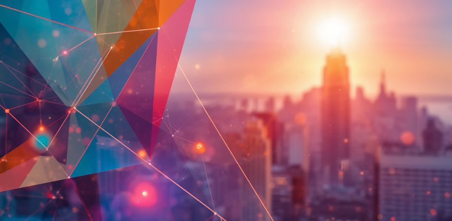 Abstract geometric shapes with vibrant colours overlay a blurred cityscape at sunset, creating a futuristic and dynamic visual effect