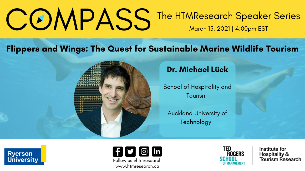 The poster for Compass with Dr. Michael Lueck that includes all the event information with a professional headshot against a background image of sharks swimming in the ocean