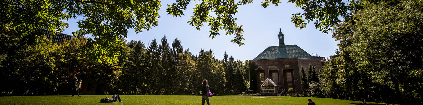 Bright summer day, TMU quad with clock tower seen between the leaves of trees.