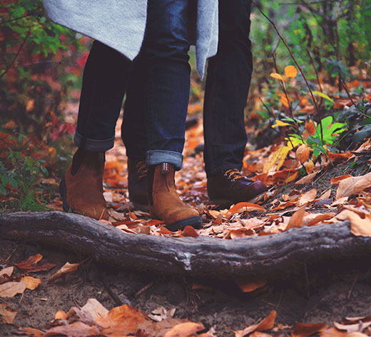Two people walking on a forest path on a fall day.