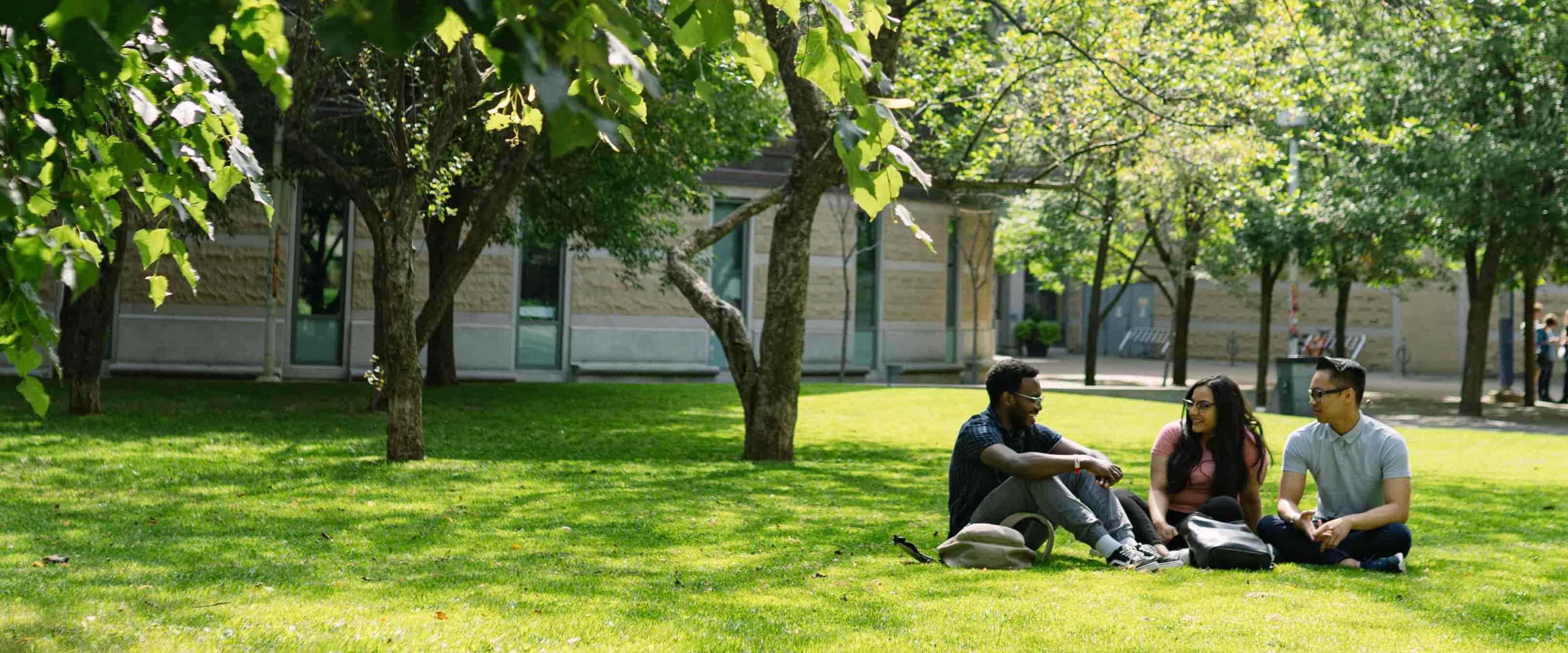 three students sitting on grass on campus