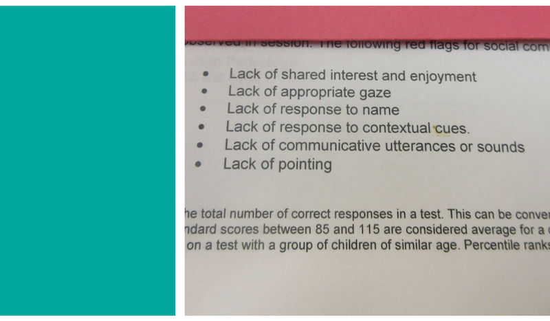 Partial image of a diagnostic assessment with bullet points of what the child "lacks"