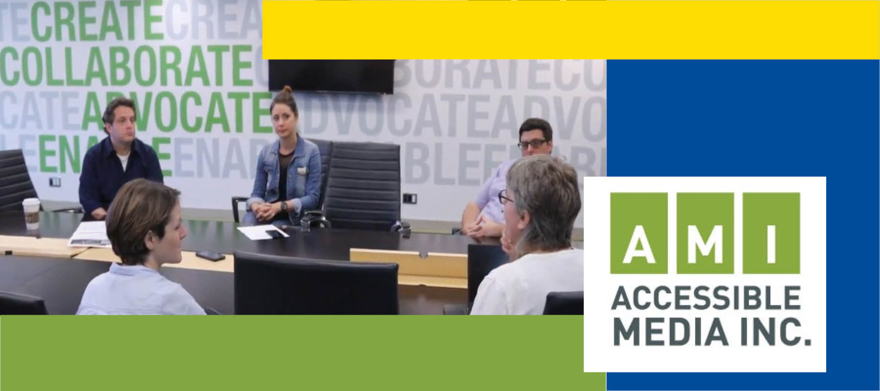 Dr. Fels and Margot Whitfield sit around a board room table with Accessible Media Inc. logo at bottom right corner