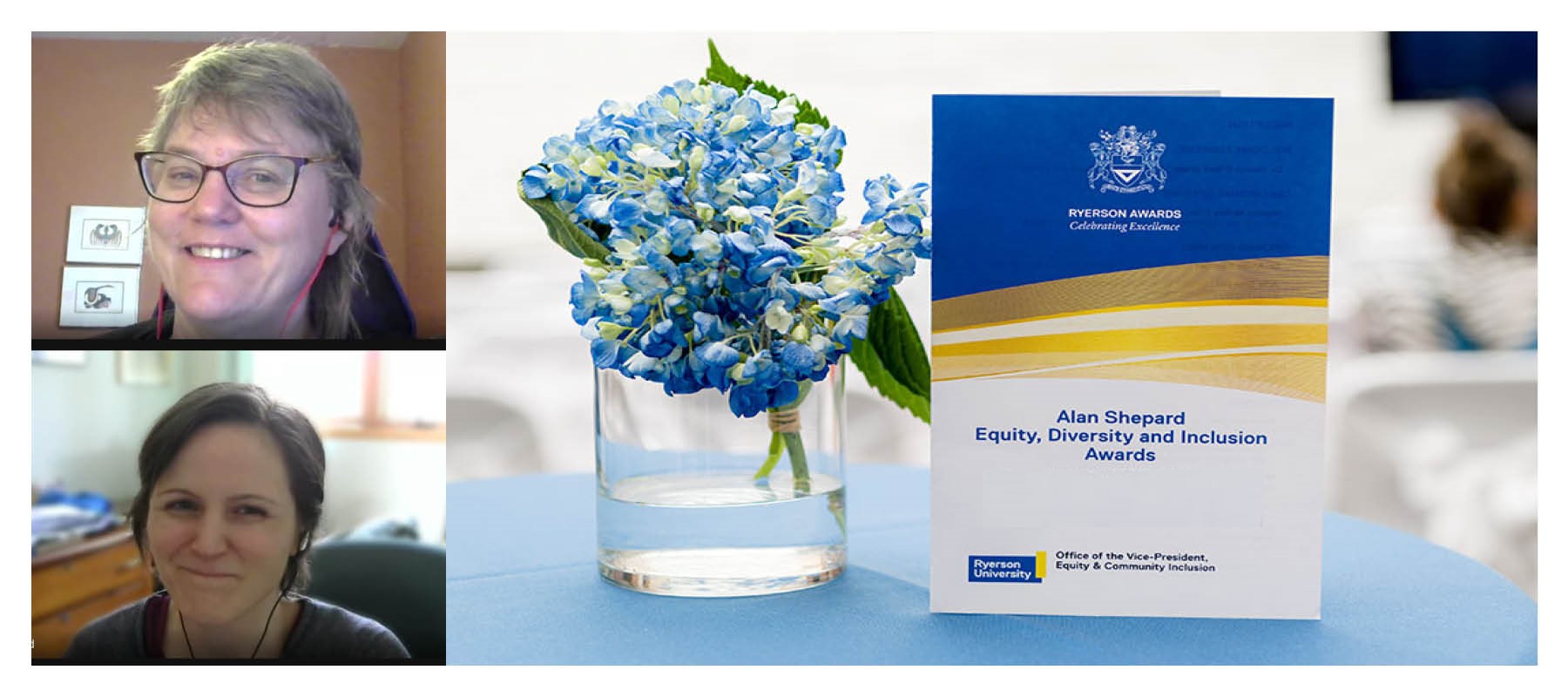 Dr. Fels and Ms Whitfield are smiling from their screens next to a blue flower and Ryerson award card for the Alan Shepard Award Ceremony