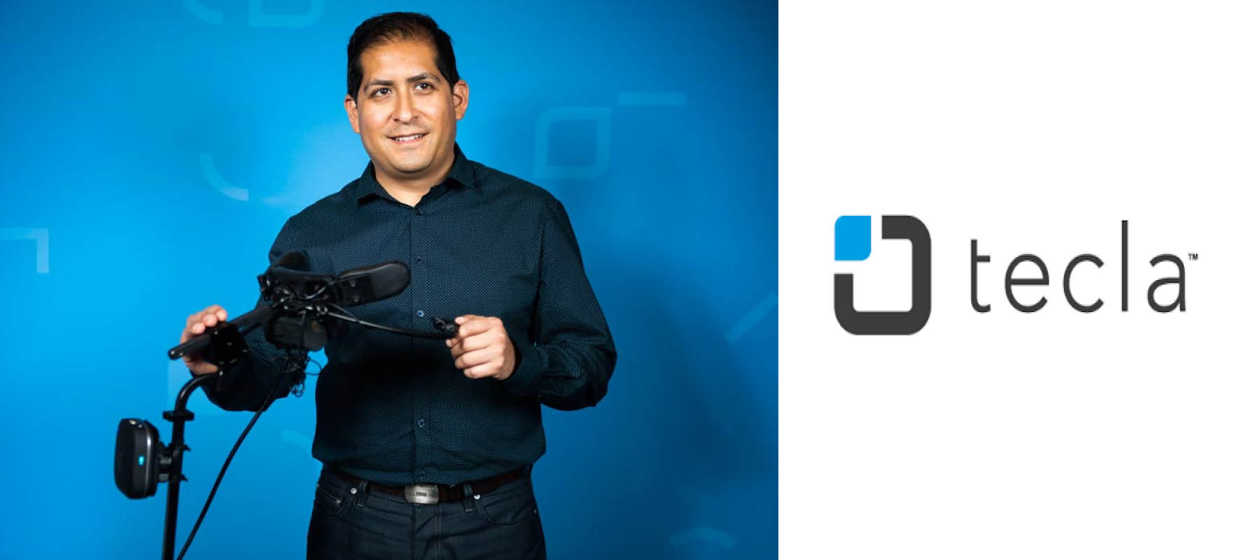 Mauricio Meza presenting Tecla and sip and puff wheelchair attachment 