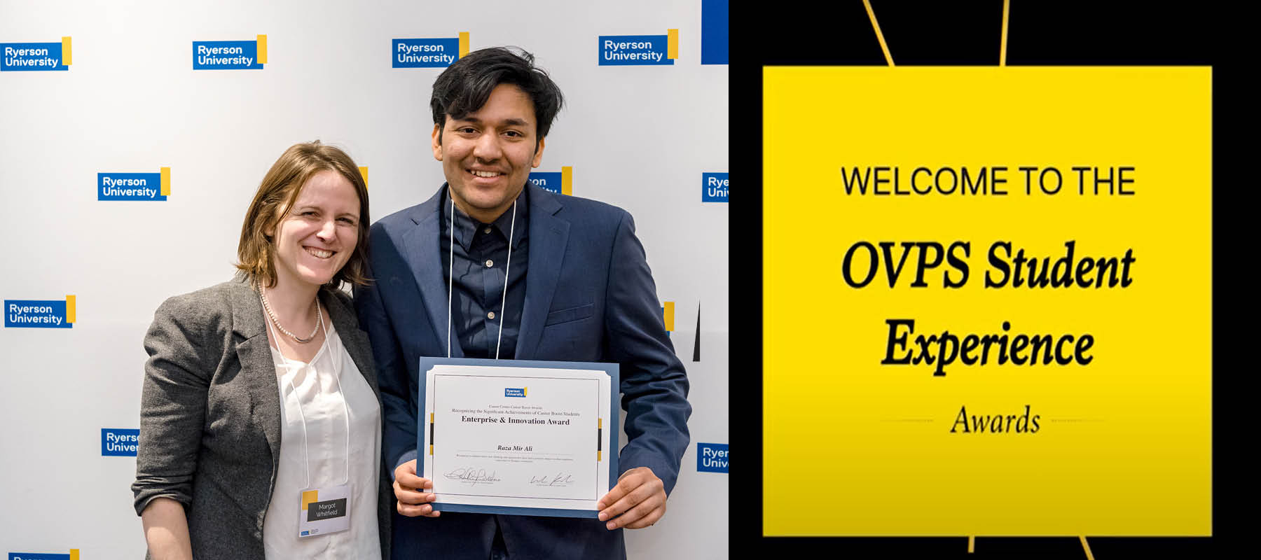 Mir Ali, undergraduate student Career Boost winner holding up award beside staff, Whitfield, smiling next to OVPS student experience award signage.