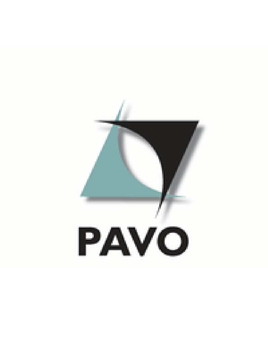 Pavo logo (2 adjacent stylized triangles (black and blue) overlapping to make a square)