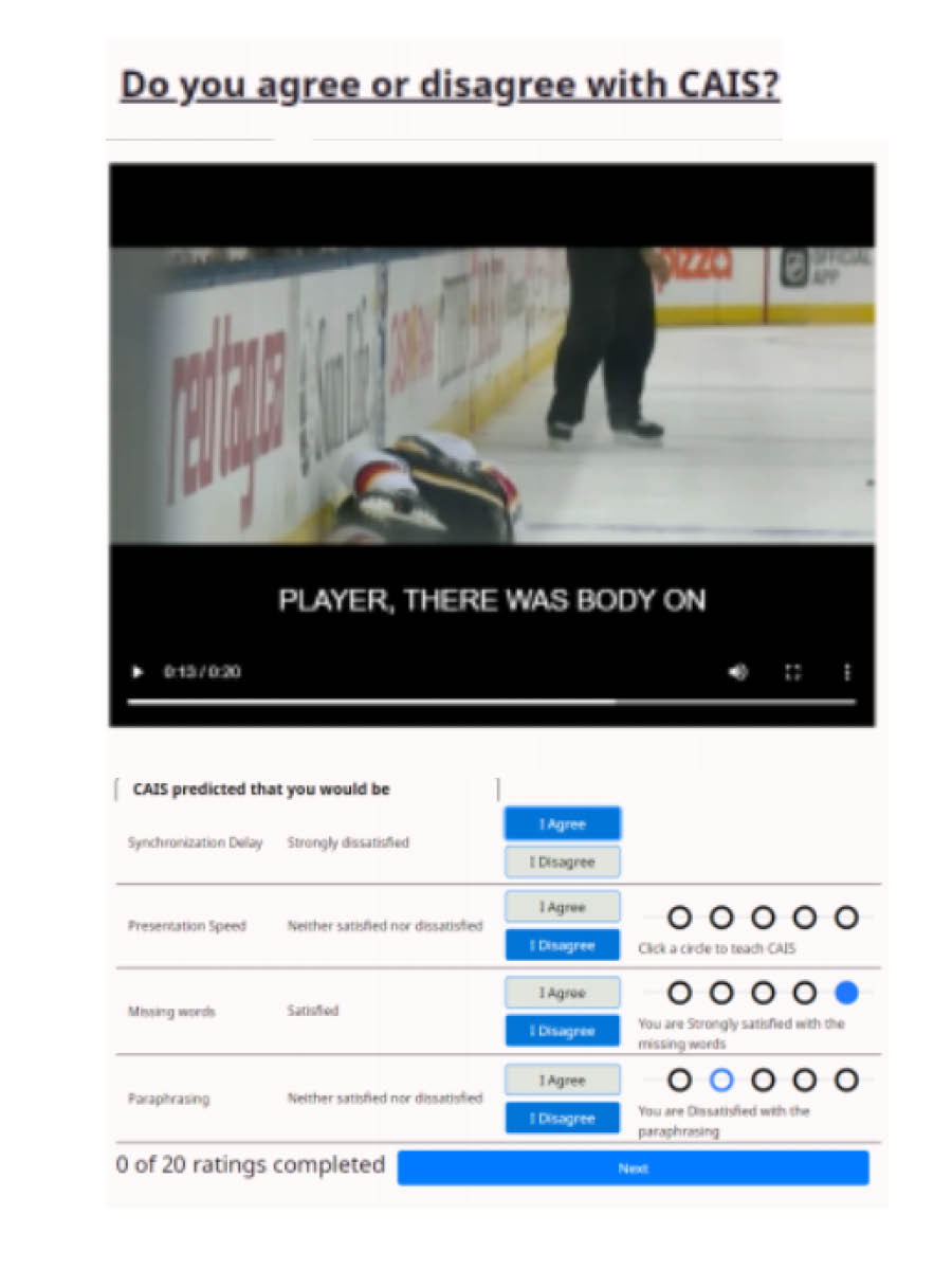 Subjective Quality Measure Web Interface shows Captioned Hockey game above a series of charted rating scale with option to agree or disagree on each row