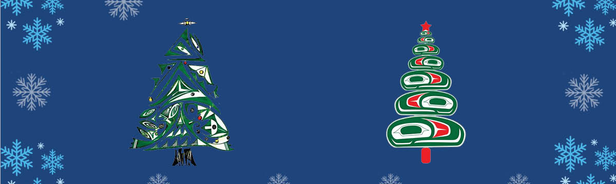 A blue background with snow flakes on the right and left and Two Indigenous themed christmas trees.