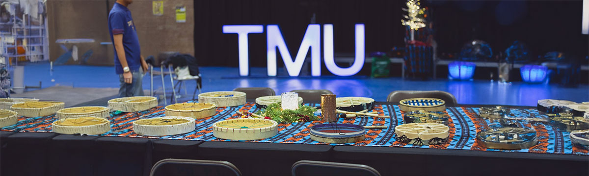 Indigenous hand drums at a TMU event