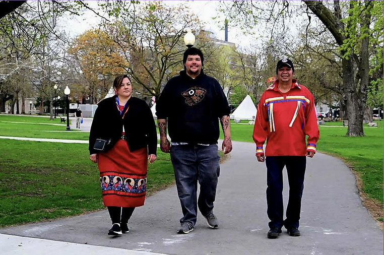 Left-to-right: Crystal Osawamick (Event Organizer, Staff), Wyatt Wichert (TMU Student) and Elwood Ashawasega (Weecheetowin Cultural Support Elder)