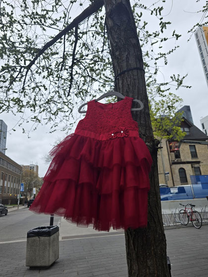 red dress close up on tree on campus