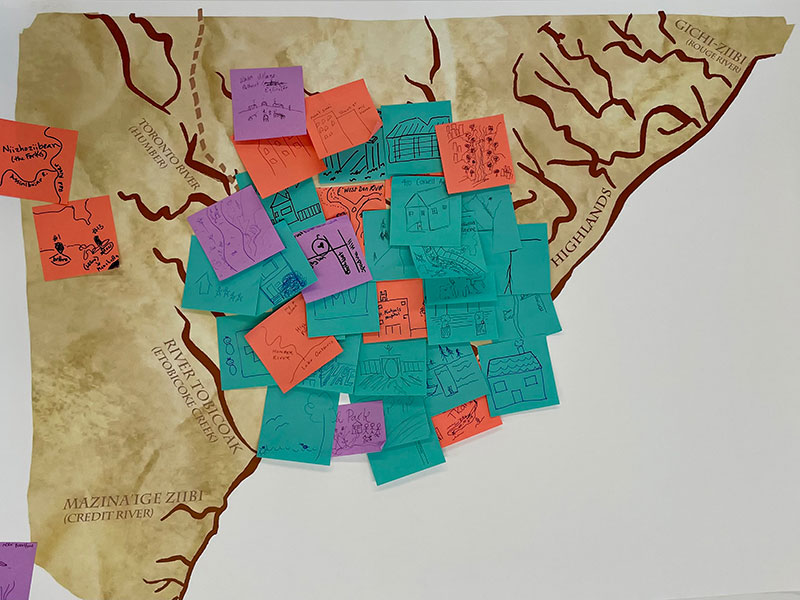 Colourful post-it notes with handwritten messages and drawings on a map