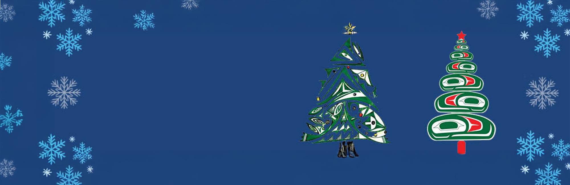 A blue background with snow flakes on the right and left and Two Indigenous themed christmas trees.