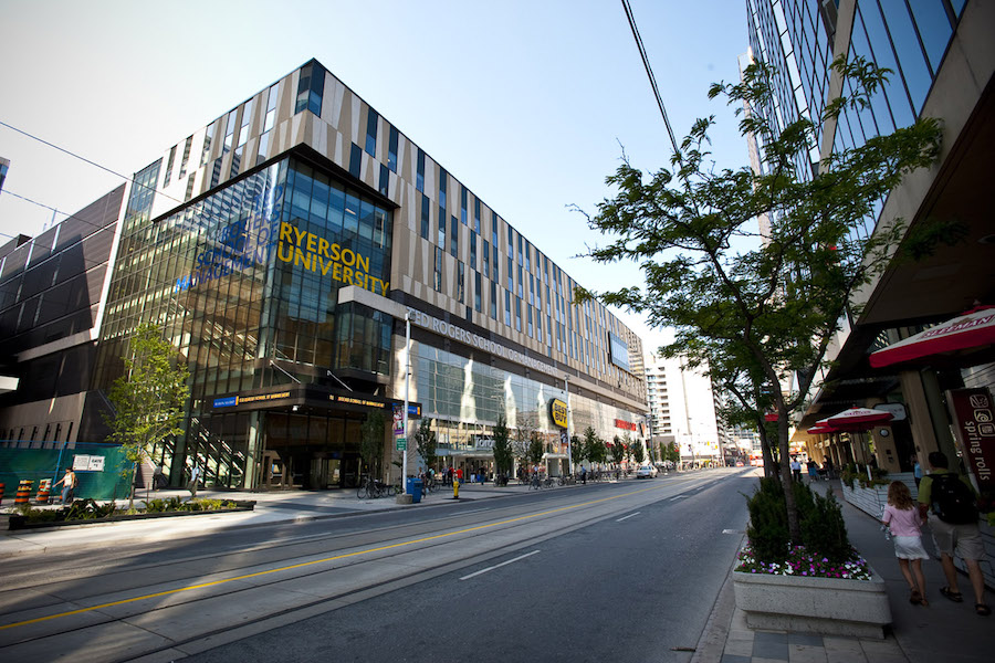 Exterior view of the Ted Rogers School of Management, located on Bay and Dundas.