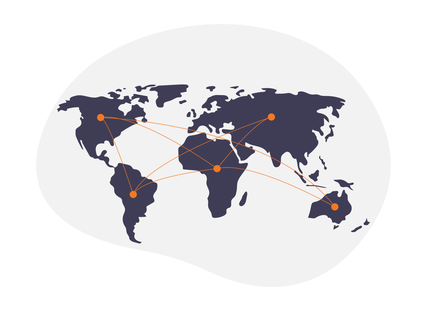 White and greyscale drawing of the world with orange line and dots connecting the world
