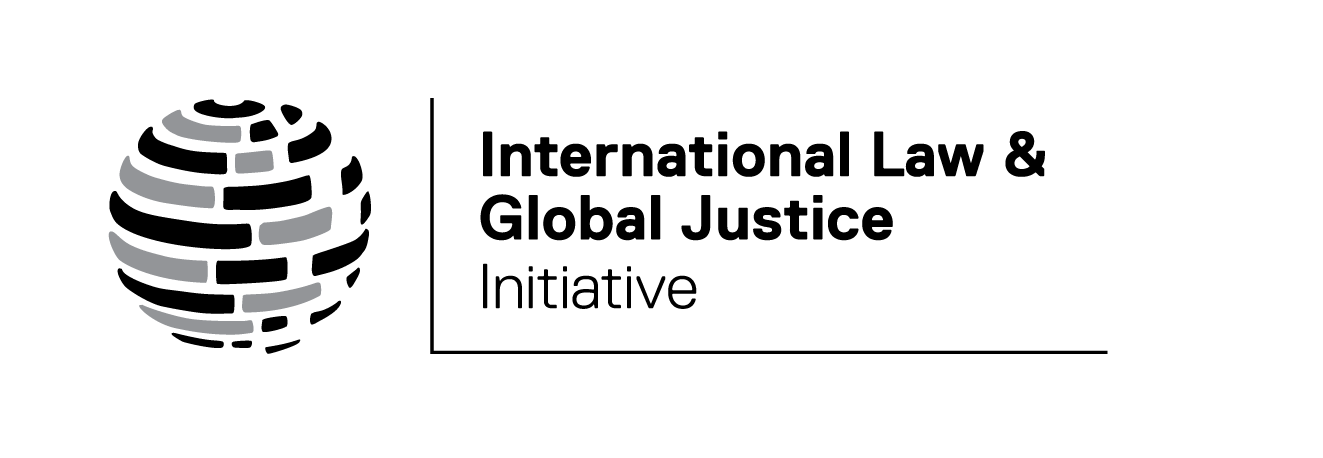 International Law & Global Justice Initiative logo which includes an abstract circle of grey rectangles representing the globe, and text that reads "International Law & Global Justice Initiative"