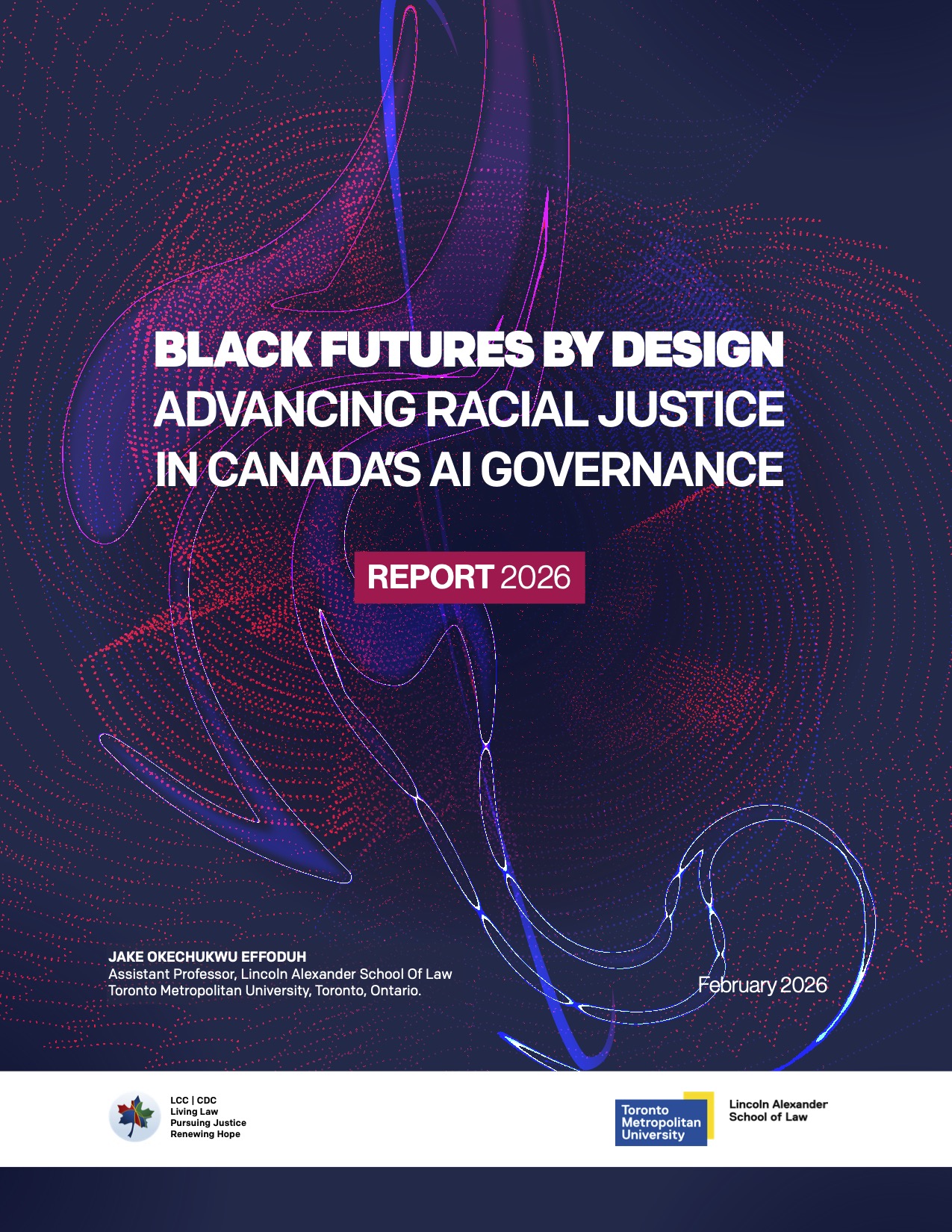 Black Futures By Design report cover features the title overtop an abstract illustration of curved pink, blue and purple lines on a dark blue background with a white banner along the bottom holding logos