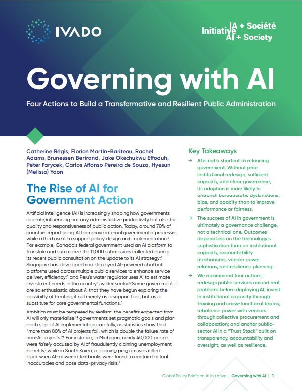 The first page of the Governing with AI report features a dark blue and green gradient banner with the title and logos.
