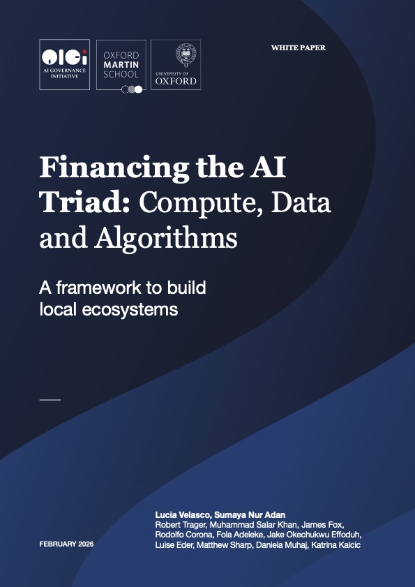 Financing the AI Triad report cover features the title on top of three curved dark blue gradient shapes, with logos in the top-left corner and list of authors on the bottom-right corner.