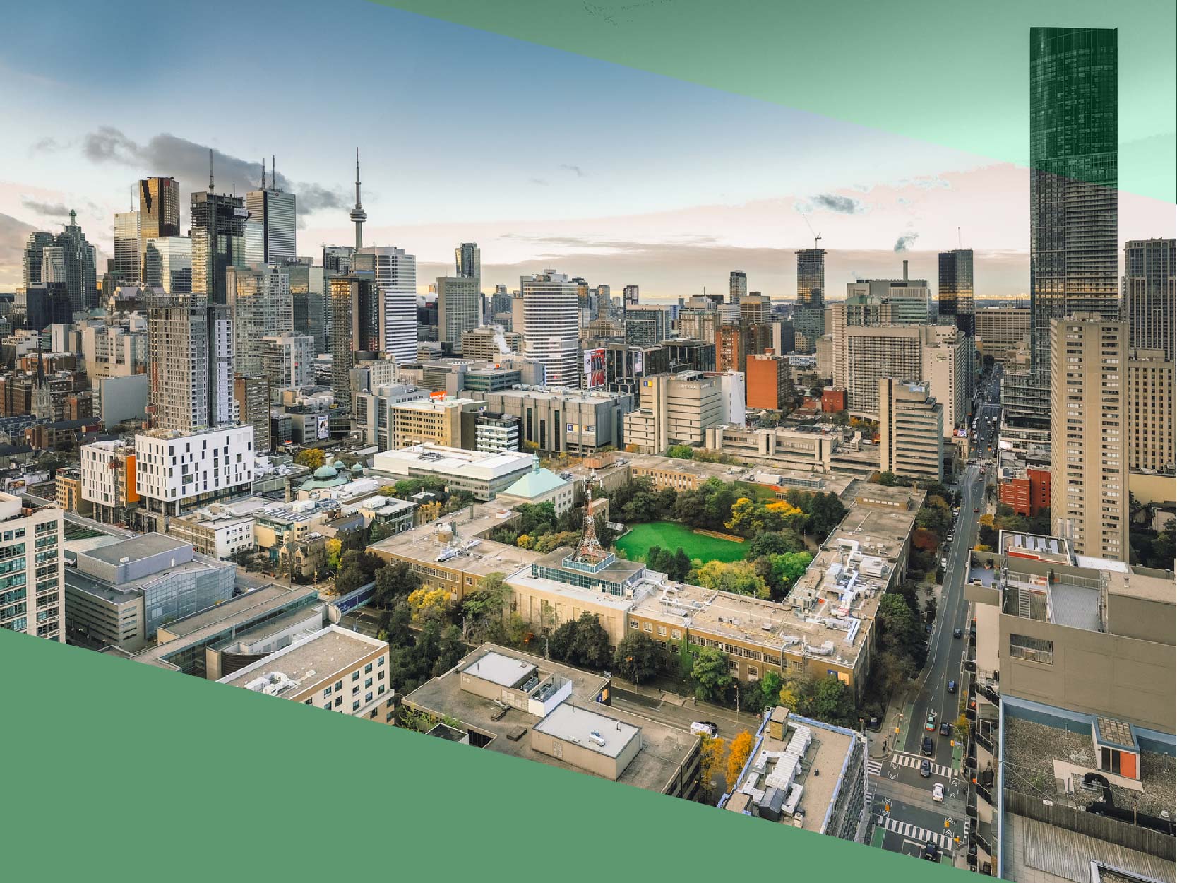 Aerial shot of the Toronto Metropolitan University campus overlaid with green triangles in the bottom left and top right corners