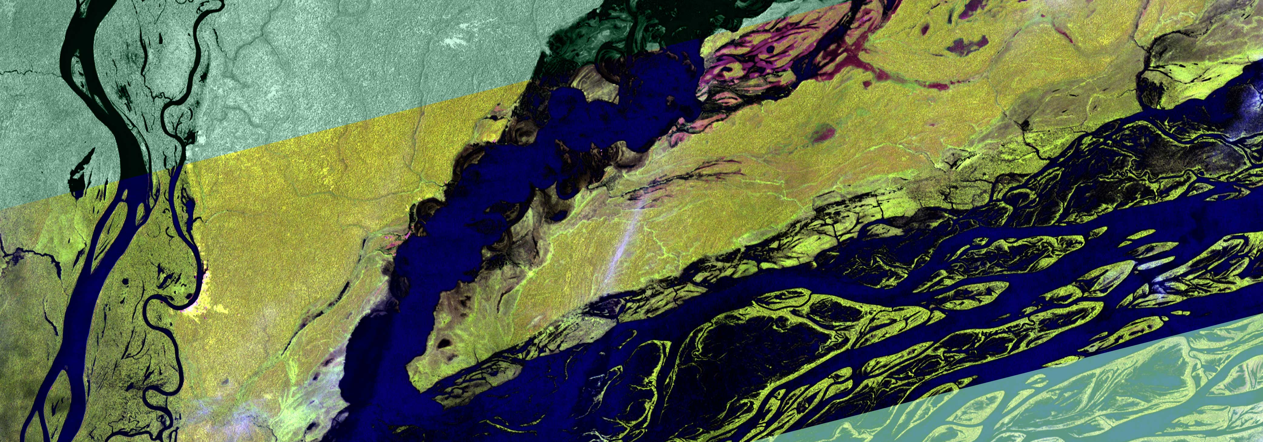 Satellite image of Brazil's Negro River overlaid with green triangles in the top-left and bottom-right corners