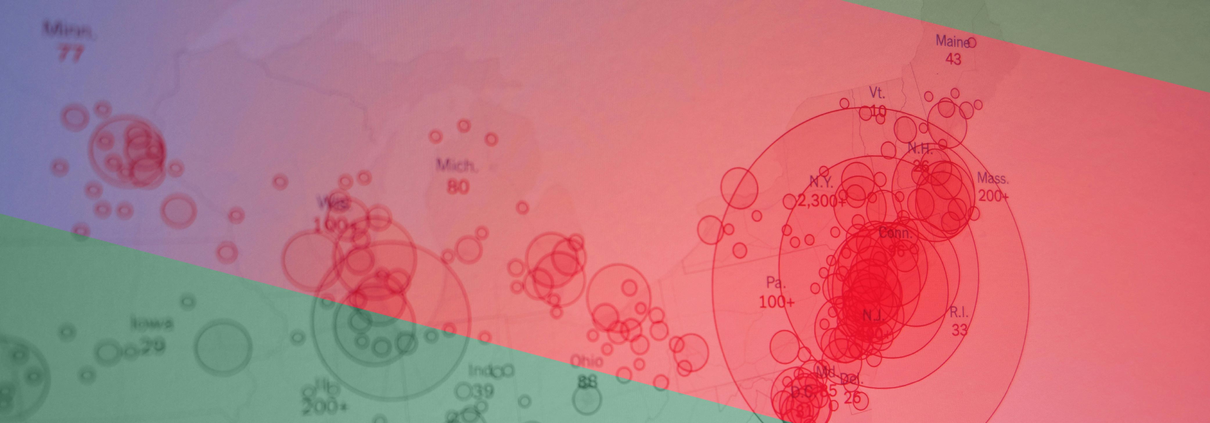 A digital map displays state names and red circles representing case counts of the coronavirus, overlaid with green triangles in the top-right and bottom-left corners