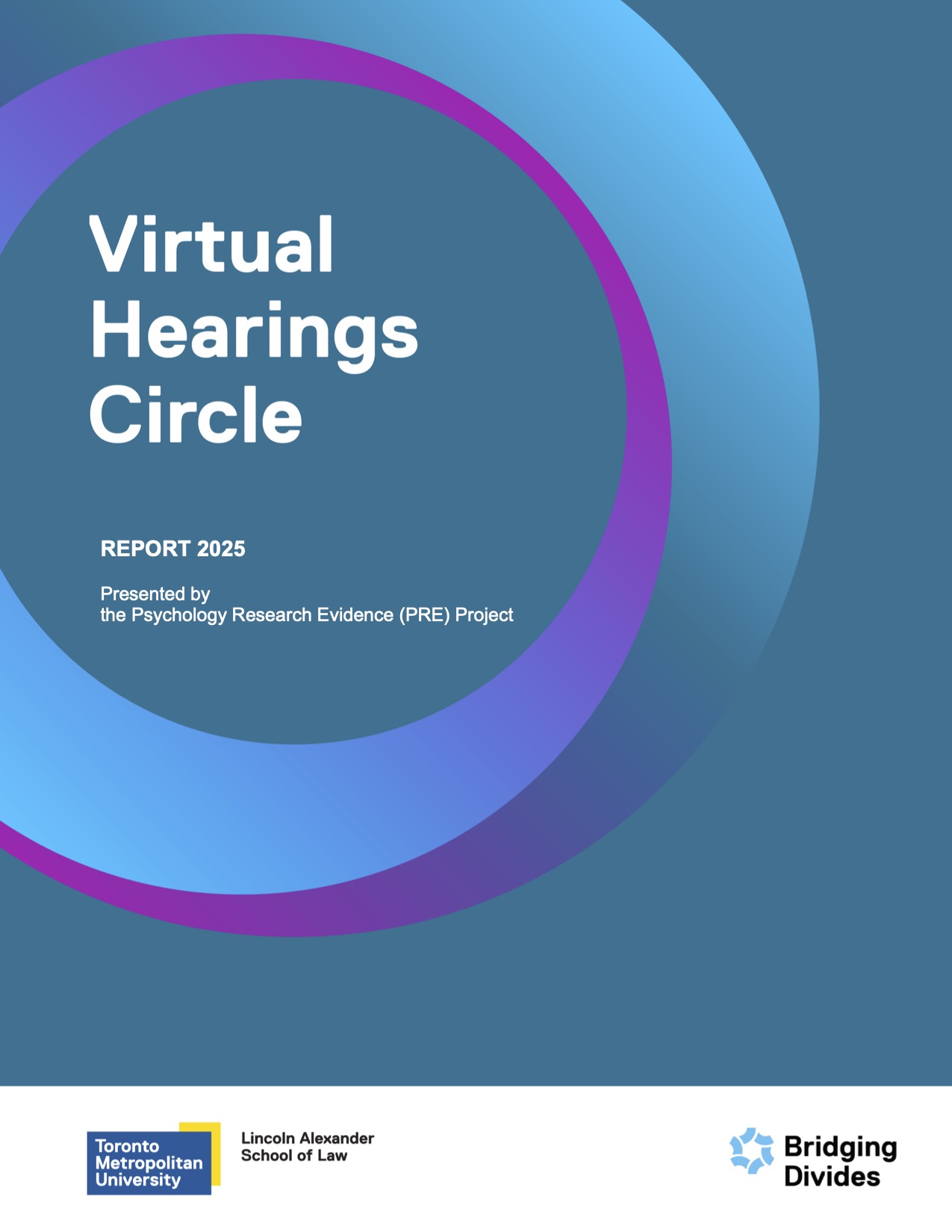 Virtual Hearings Circle report cover features an abstract three dimensional blue, pink and purple gradient circle on a blue background