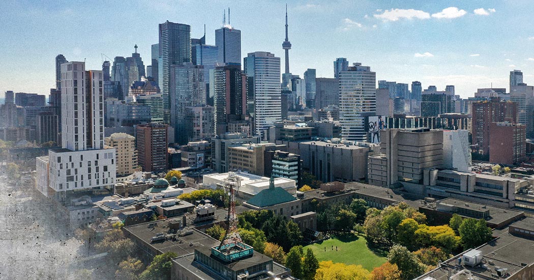 Aerial shot of Toronto Metropolitan University campus in downtown Toronto.