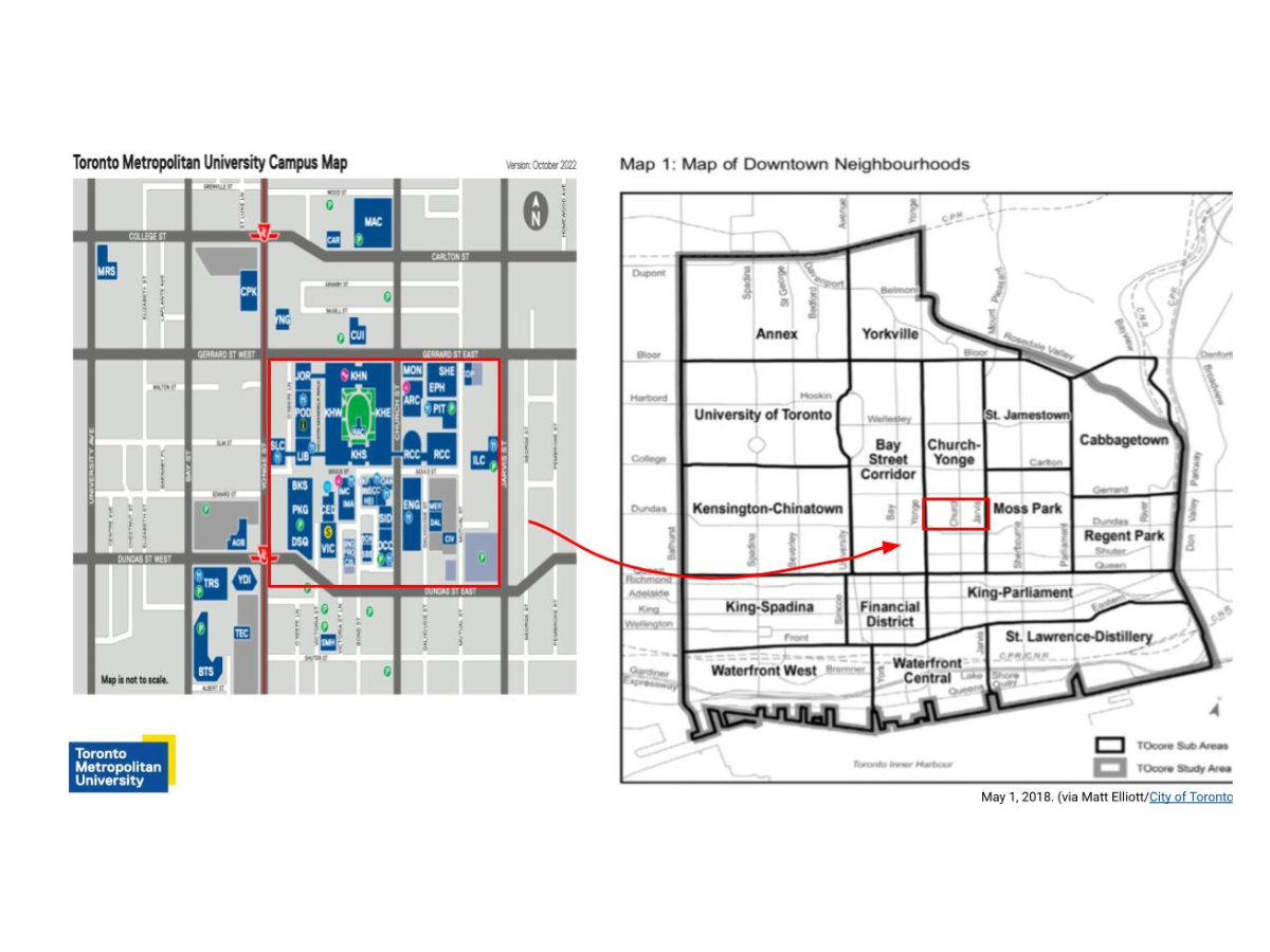 Map illustration of TMU campus next to a map of downtown Toronto neighbourhoods. 