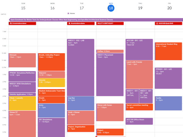 Nick's weekly calendar 