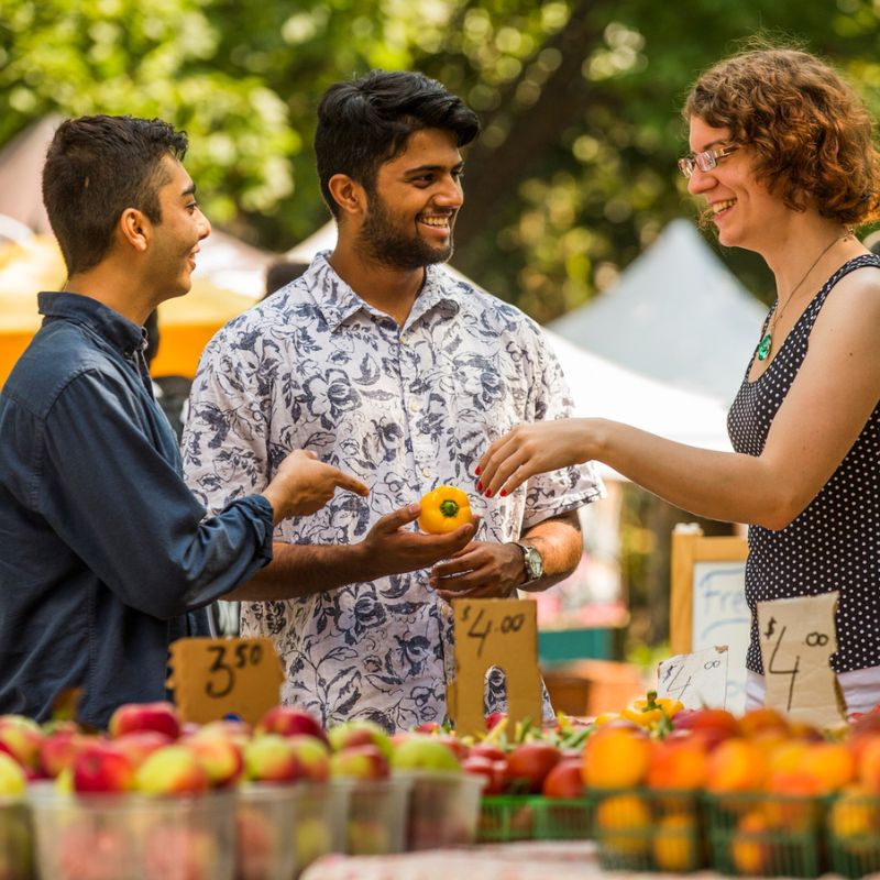 TMU students gather in a farmer's market to buy groceries.