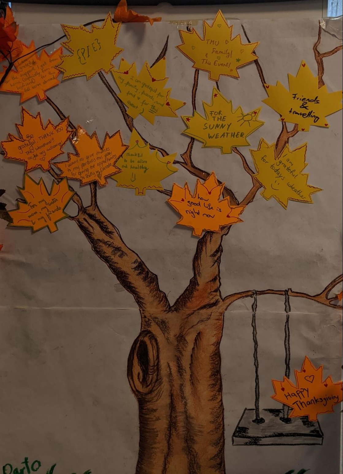 The gratitude tree full of students’ Thanksgiving thoughts