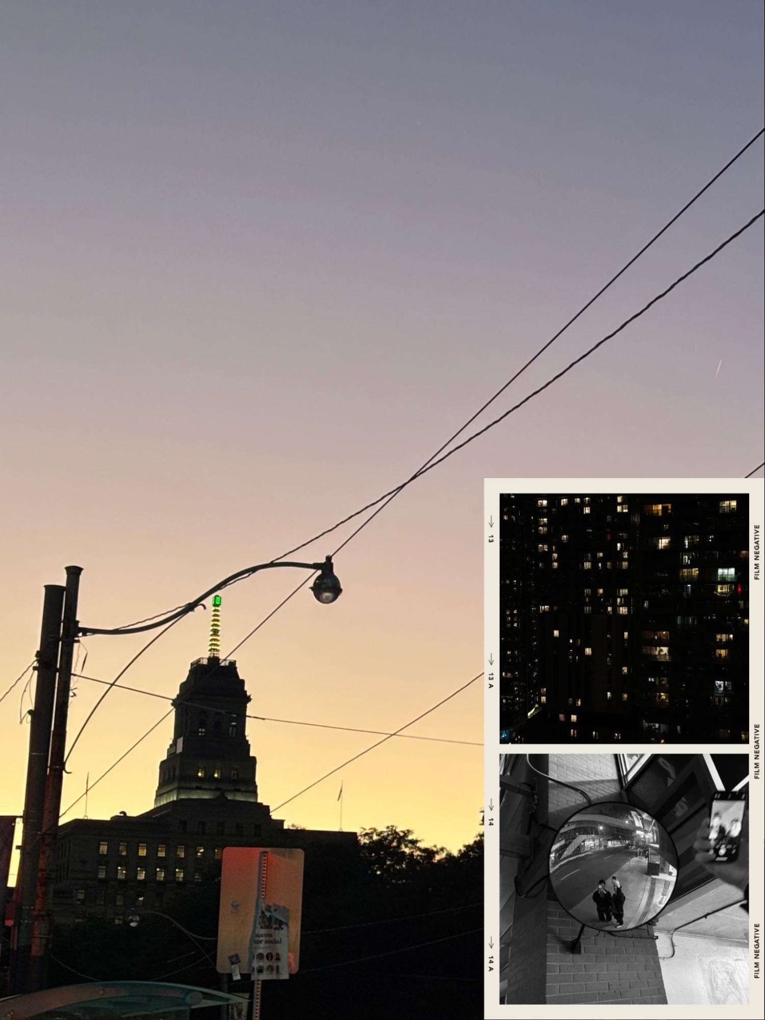 Sunset sky with silhouetted building and power lines