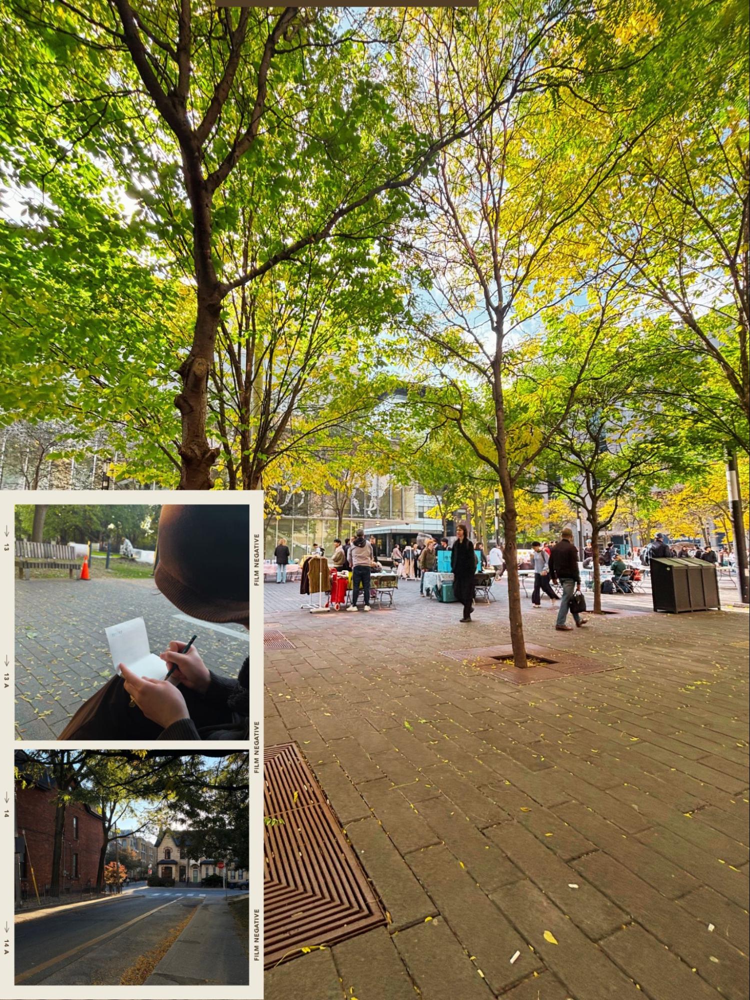 Fall campus scene with green and yellow trees, students gathered at outdoor vendor tables