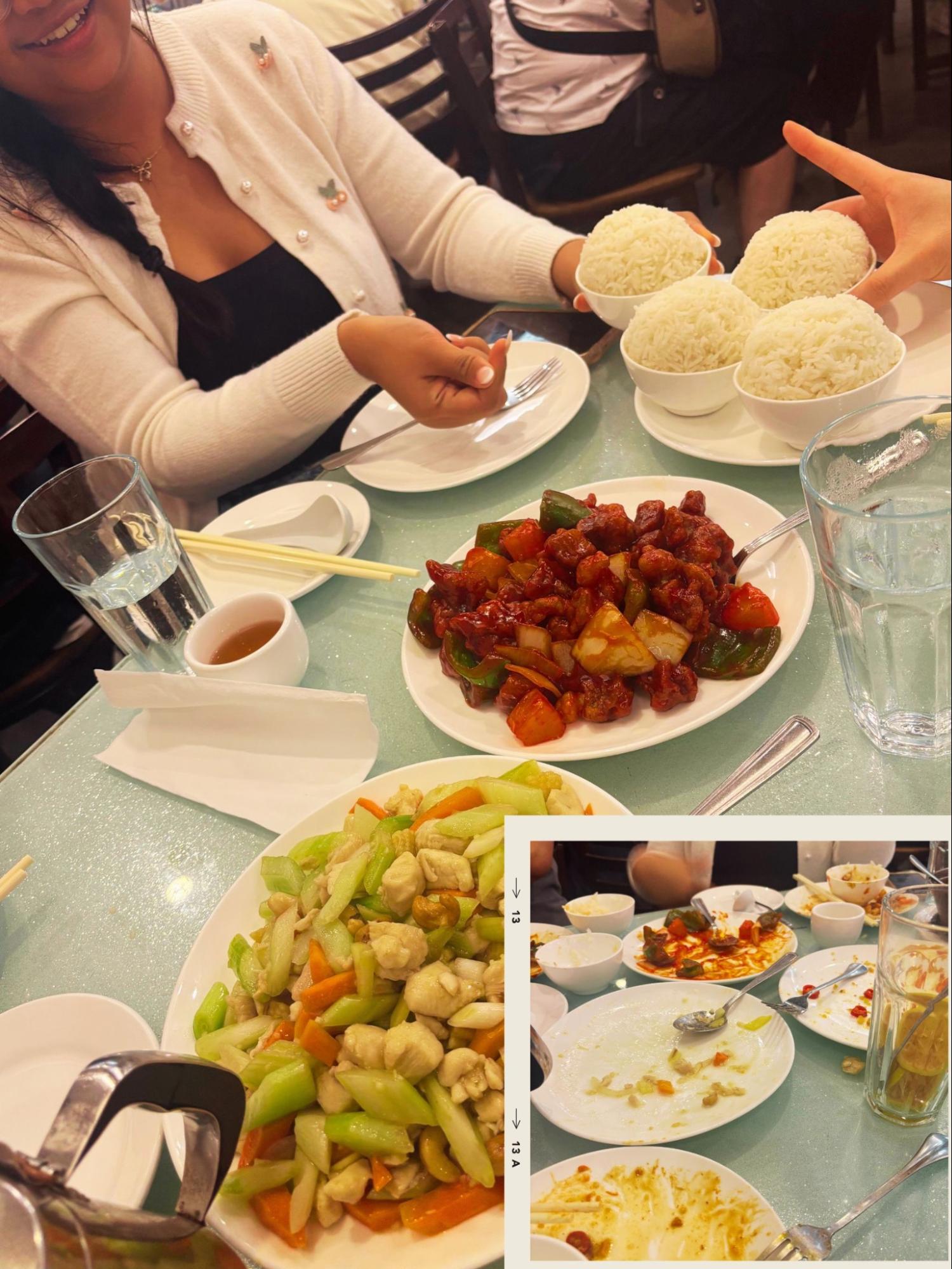 Chinese restaurant meal showing plates of sweet and sour chicken, vegetables, and steamed rice