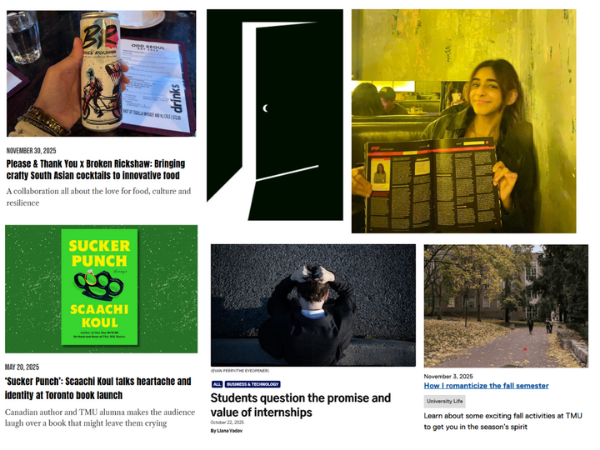 A collage of a TMU student's writing credits in on campus publications such as CanCulture Magazine and The Eyeopener